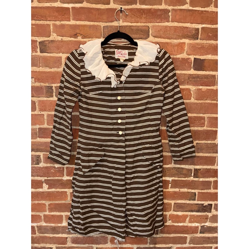 Betty Barclay Petite Brown White Stripe‎ Ruffle Button Up Shirt Dress